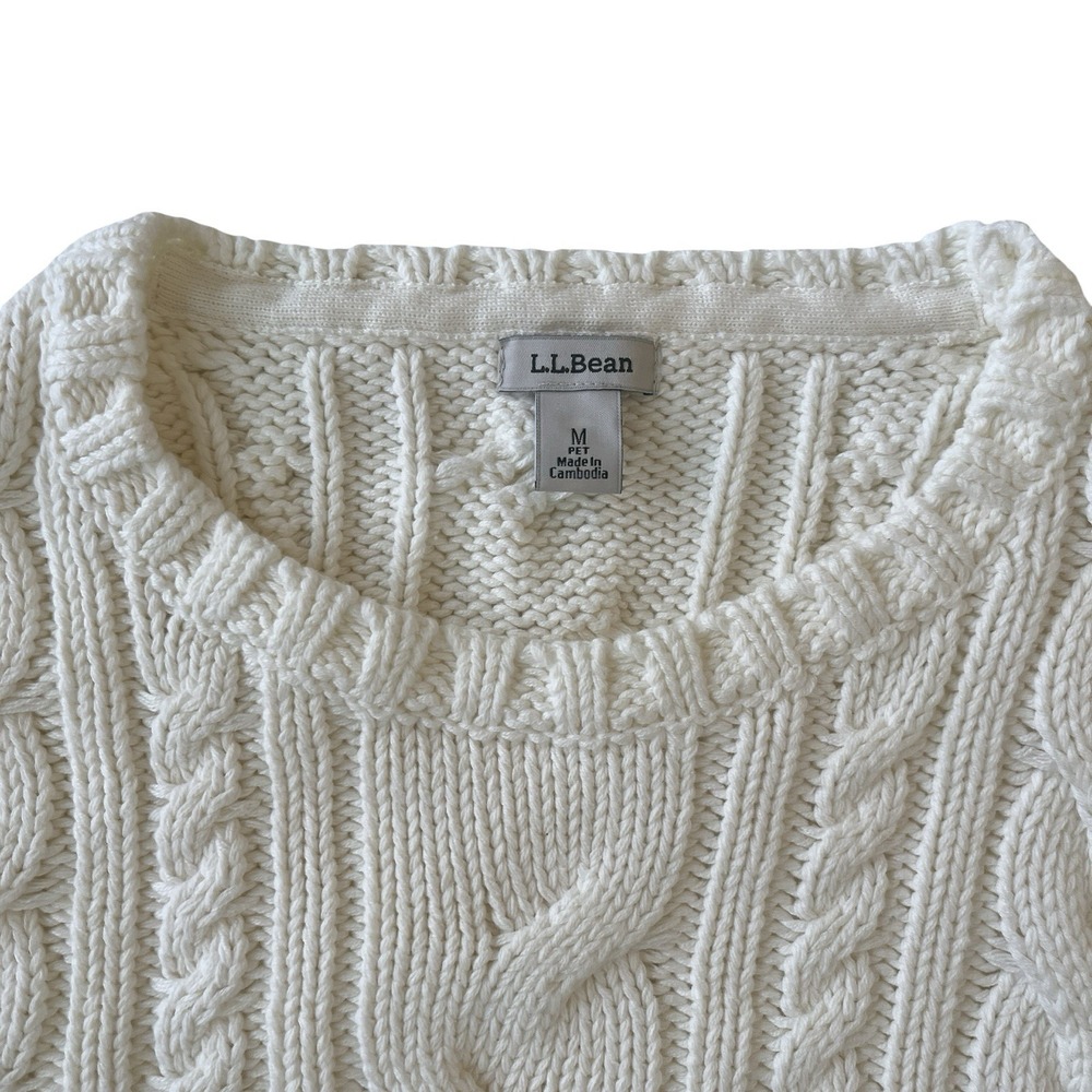 L.L. Bean Womens Size PM Petite White Sweater Cable Knit Heavy Thick 100% Cotton - Picture 3 of 7